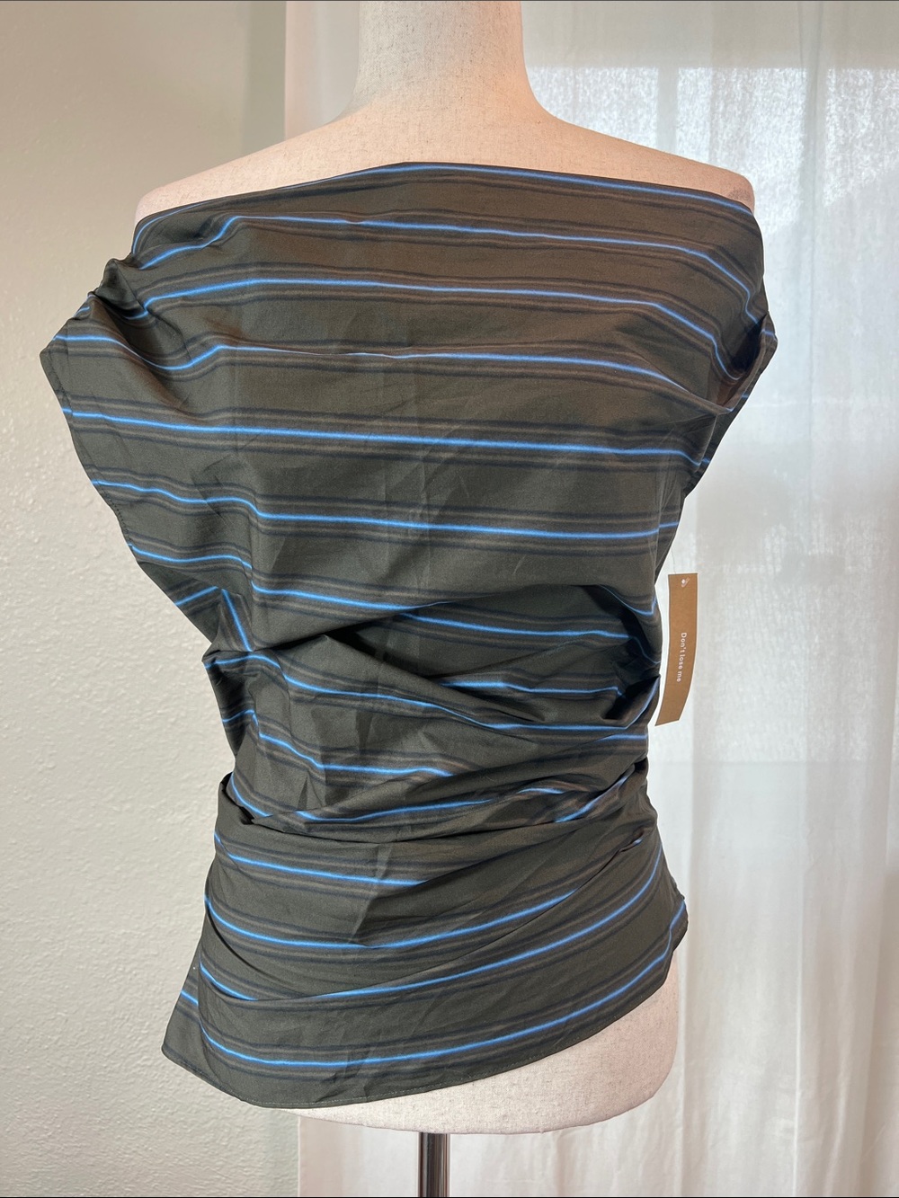 O.p.t. Off-Shoulder Striped Tunic Top in Dark Gray with Blue Stripes